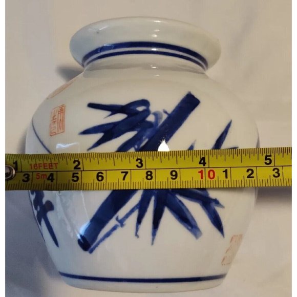 Blue & White Ceramic Chinese Vase Bamboo Calligraphy Art And Characters 5" - Picture 7 of 8